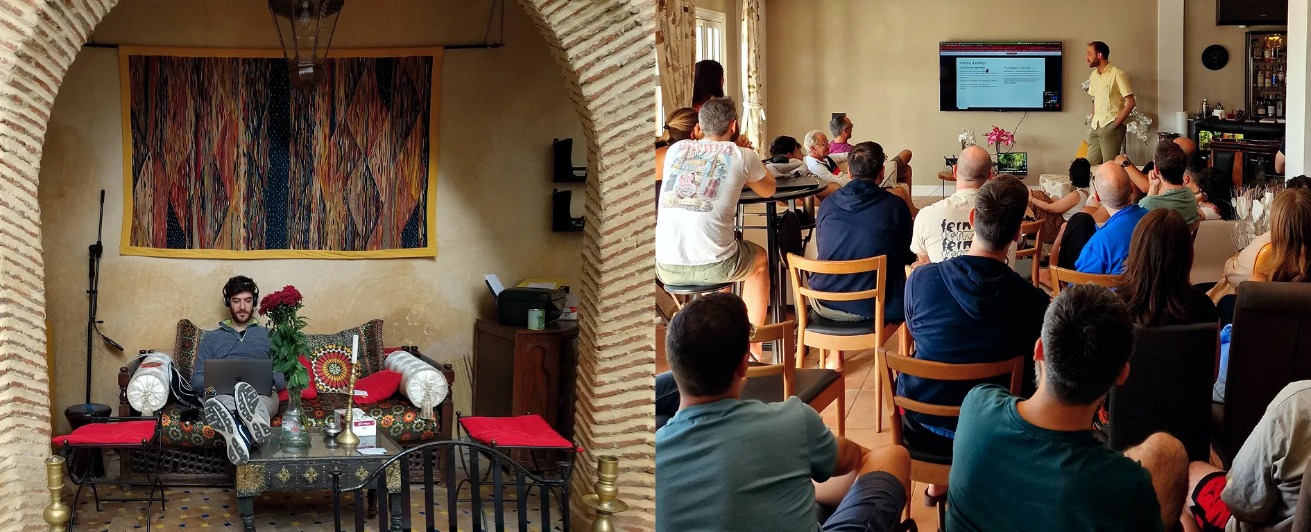 Un collega al lavoro con le cuffie su un divano in un angolo tranquillo, e il team seduto davanti a uno schermo durante una presentazione
