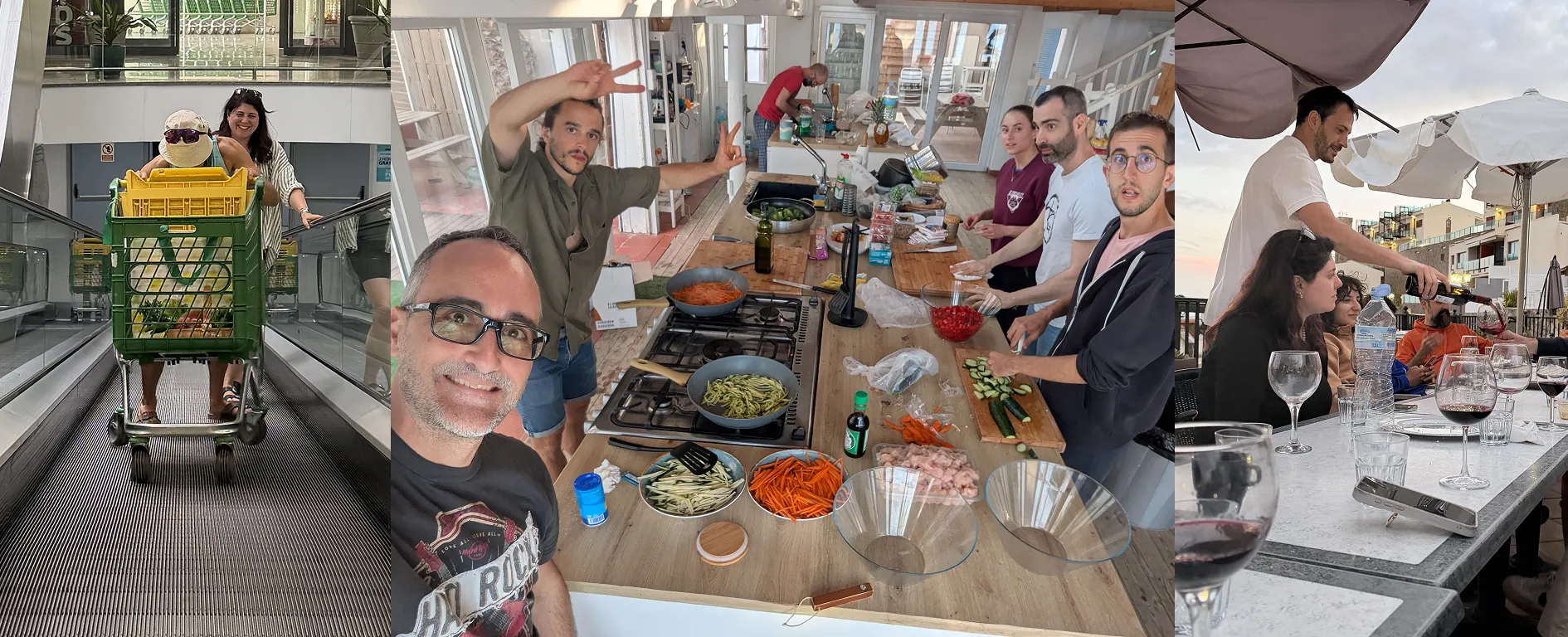 Due colleghi con il carrello pieno sulla scala mobile del supermercato, una brigata che cucina insieme nella cucina della villa e colleghi a cena su una terrazza