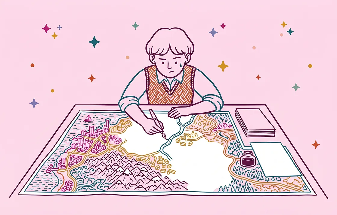 Illustration of a person carefully drawing a detailed map