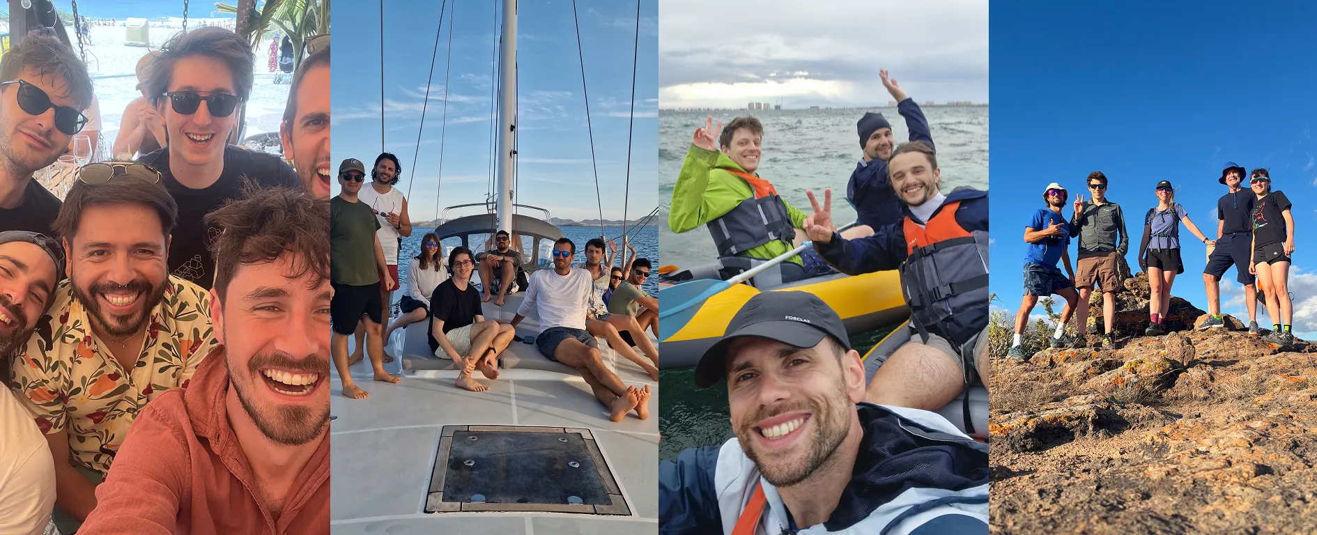 Un selfie di gruppo in un bar sulla spiaggia, colleghi sul ponte di una barca a vela, un selfie in kayak e un gruppo in cima a una collina rocciosa