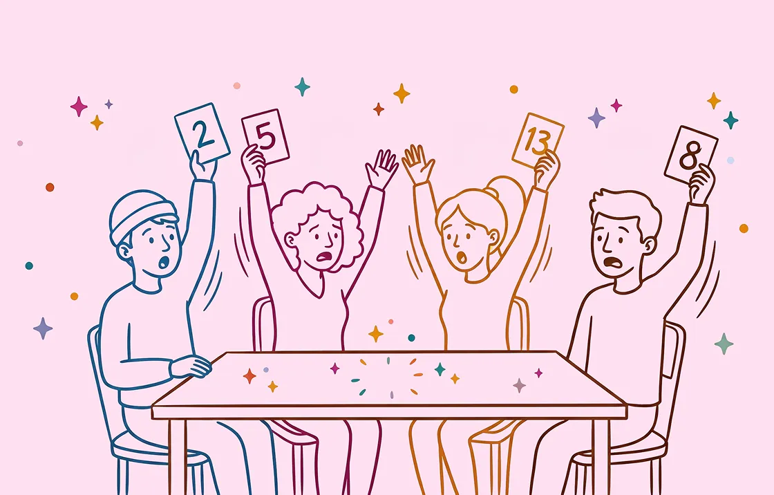 Illustration of a team around a table revealing numbered cards at the same time