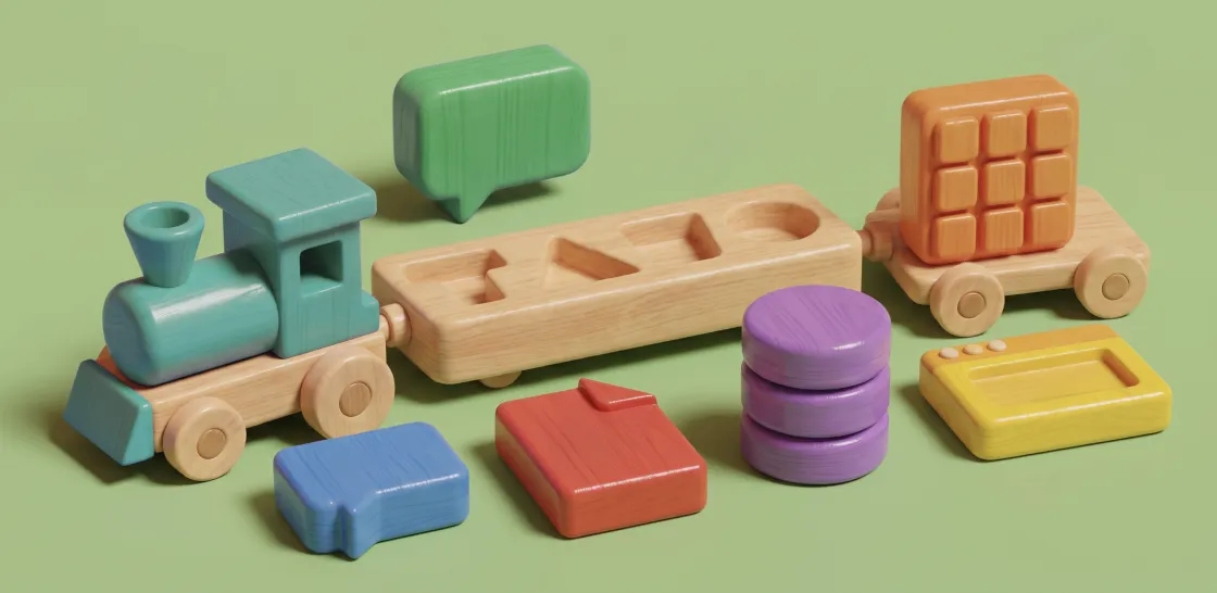 Wooden toy train carrying blocks shaped like chat bubbles, a document, a grid, a database and a window