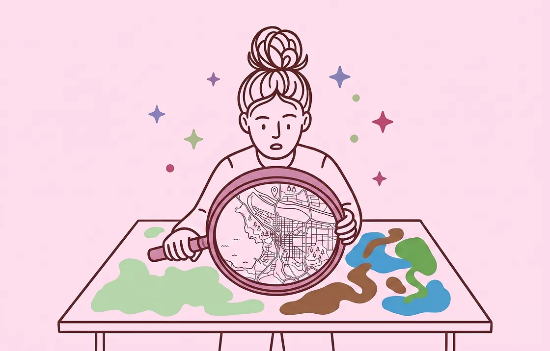 Illustration of a person examining a map with a magnifying glass