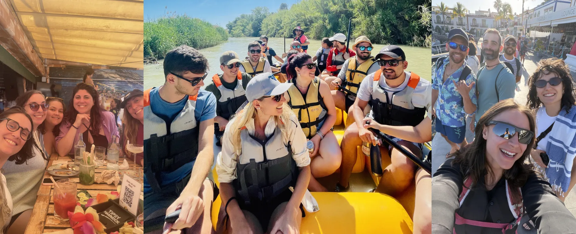 Colleghi a pranzo insieme, un gruppo con i giubbotti salvagente durante il rafting e un selfie durante una passeggiata sul porto