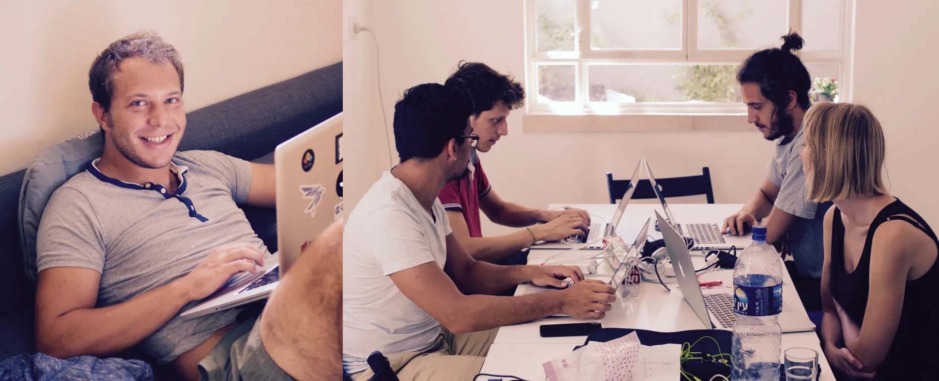 Colleghi al lavoro con i laptop sul divano e attorno a un tavolo durante uno dei primi offsite
